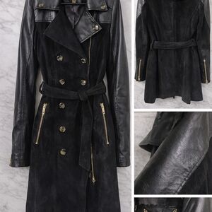 IMAN Black Leather Belted Trench Coat Gold Hardware Size Small